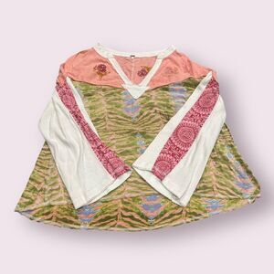 Free People Blouse Top Womens S Colorful Patterned Bohemian V Neck Oversized